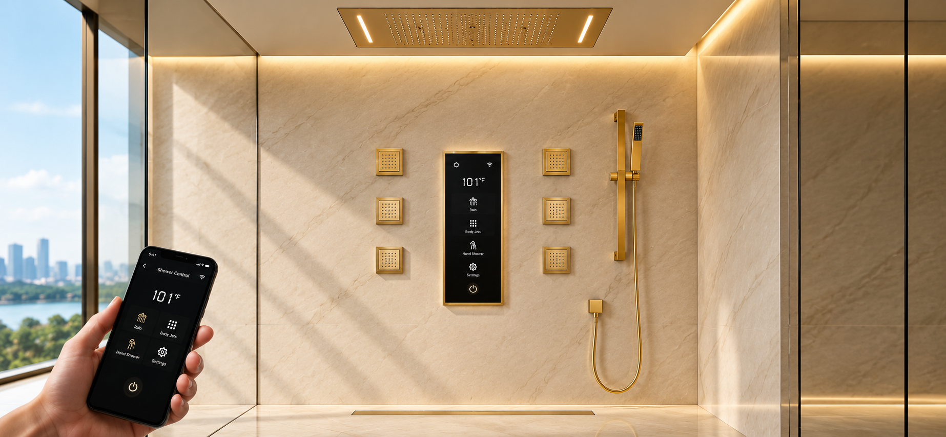 Luxury body jet massage shower used as an editorial reference for shower-system brand research