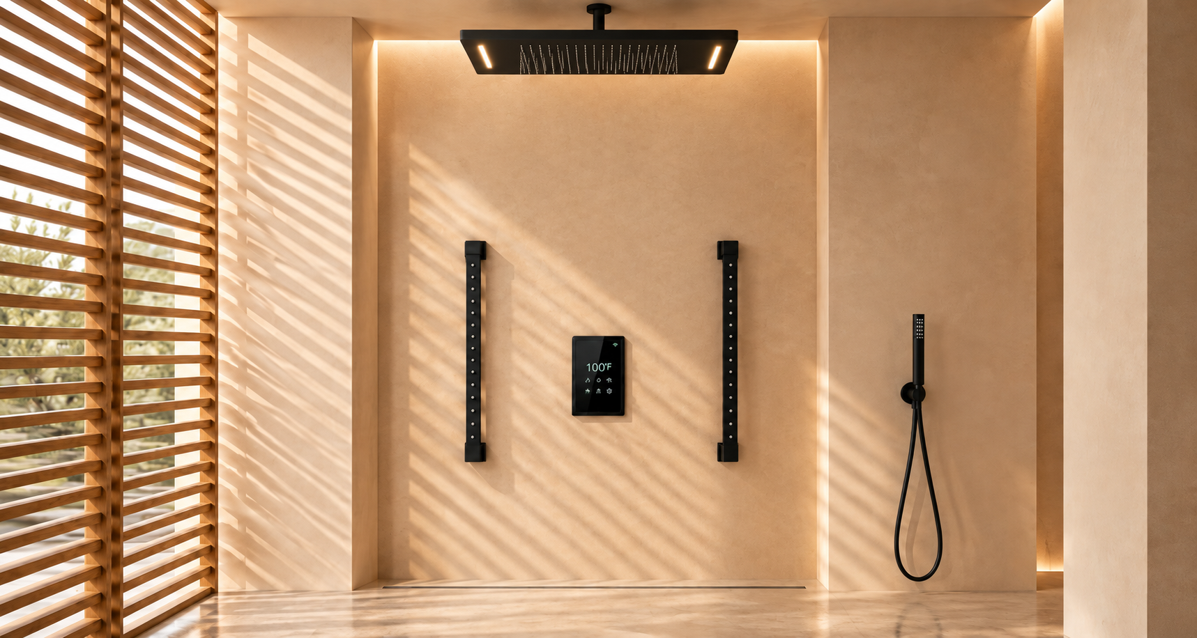 Chrome luxury rain shower system used as an editorial reference for bathroom brand research