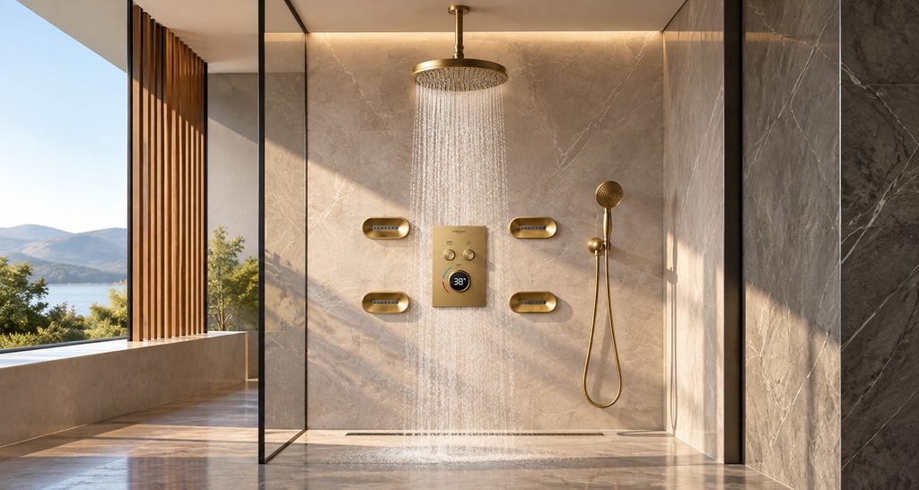 Antique brass digital rain shower used for manufacturer installation documentation research