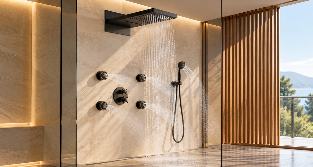 Body jet massage rain shower used as an editorial reference for coordinated shower-system research