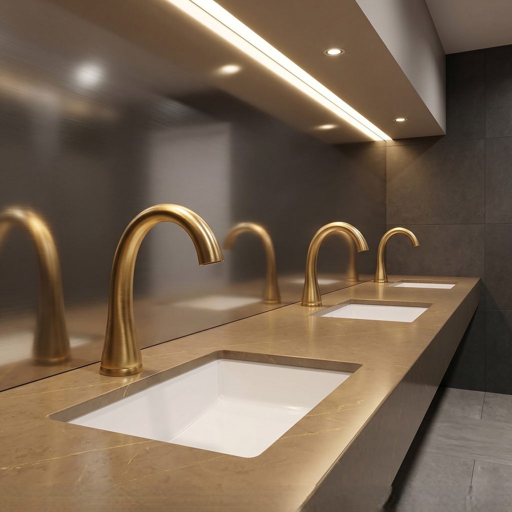 Brushed gold gooseneck commercial basin faucet used as a commercial fixture reference