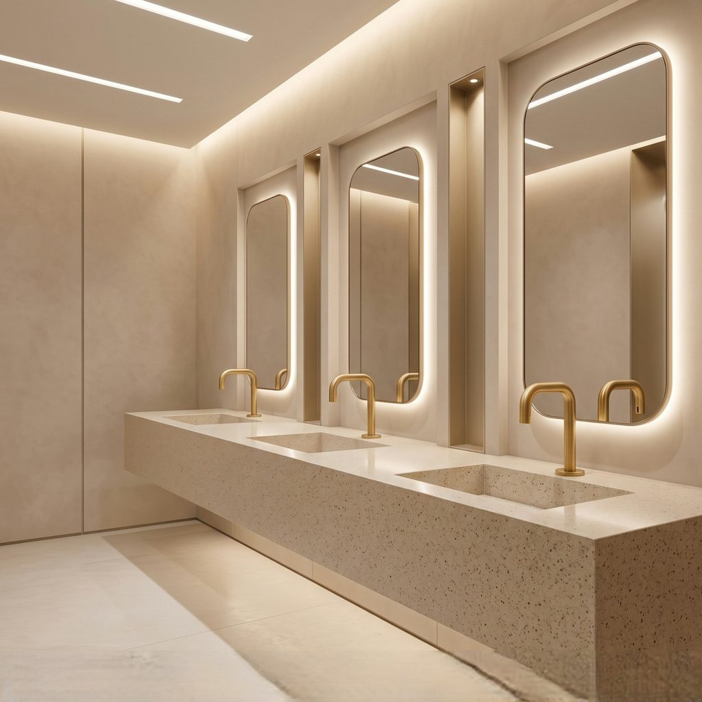 Brushed gold minimalist sensor faucet for commercial and hospitality bathroom planning