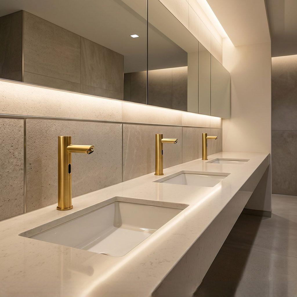 Brushed gold square neck commercial basin faucet used as a warm metallic finish reference