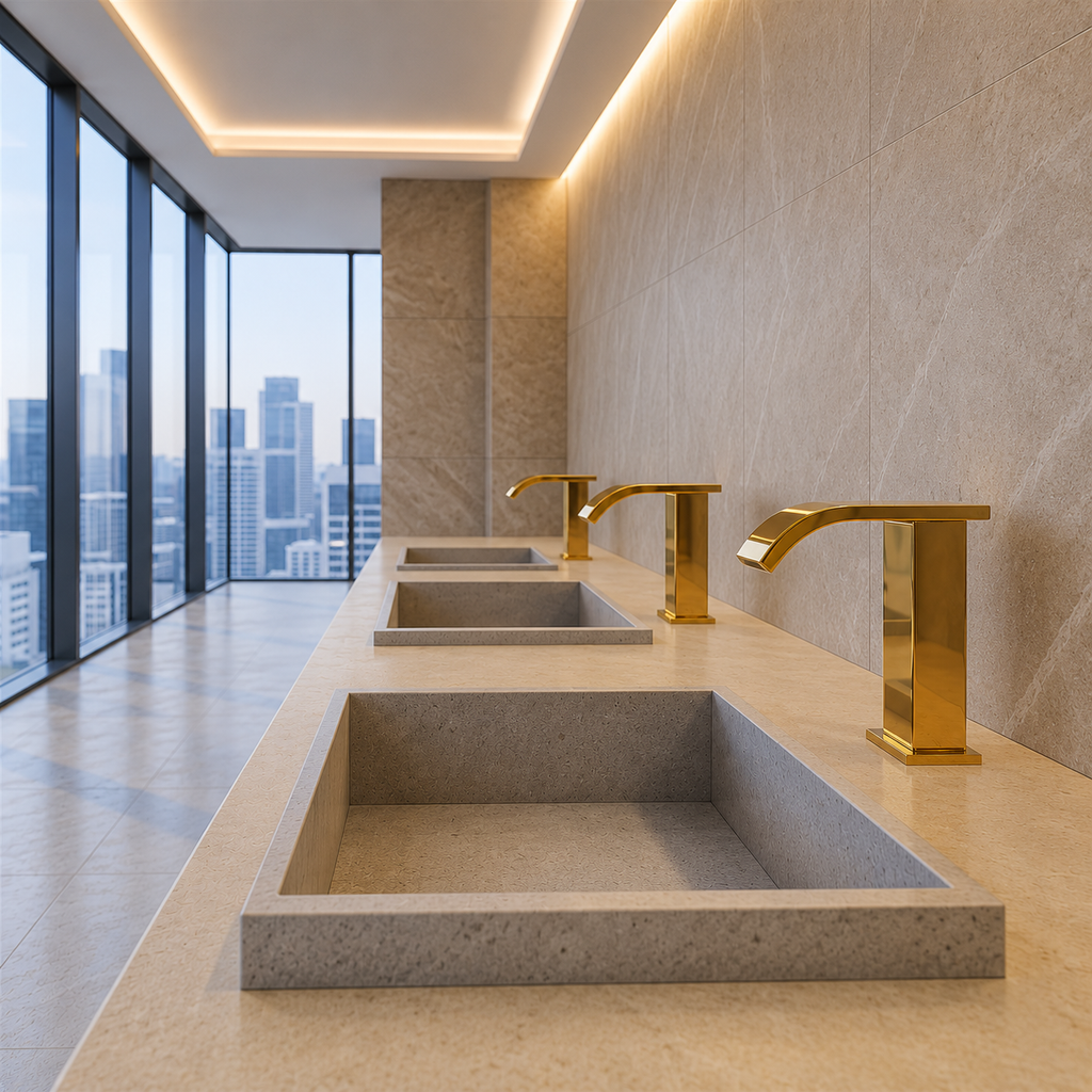 Brushed gold deck mount basin faucet used as a basin and vanity planning reference