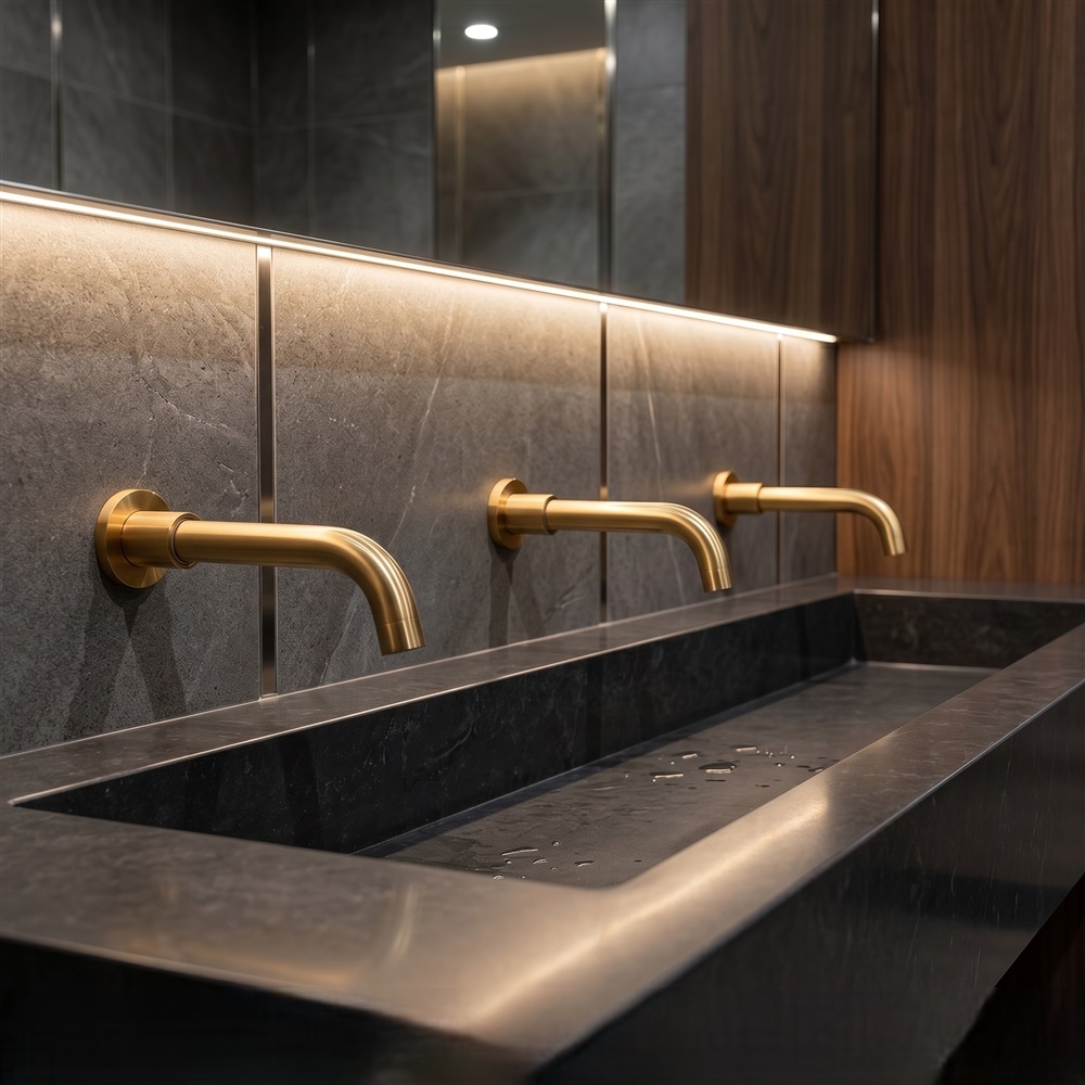 Brushed gold wall mounted commercial basin faucet used as a fixture form and finish research reference