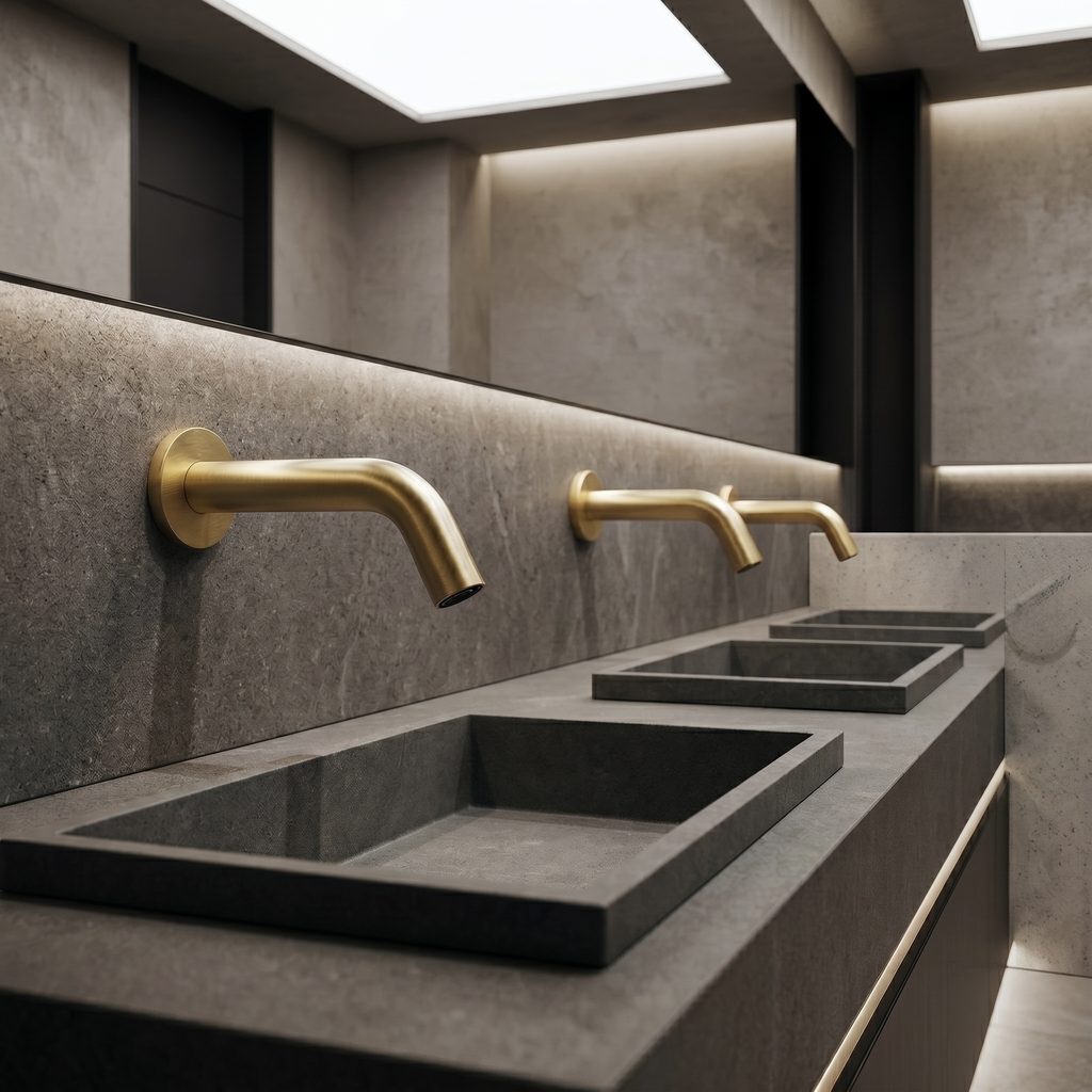 Brushed gold wall mounted curved basin faucet used for mounting and rough-in research