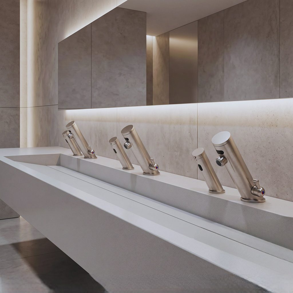 Brushed nickel automatic sensor faucet used as a basin and faucet coordination reference