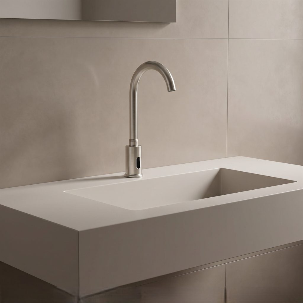 Brushed nickel automatic gooseneck faucet for commercial restroom applications