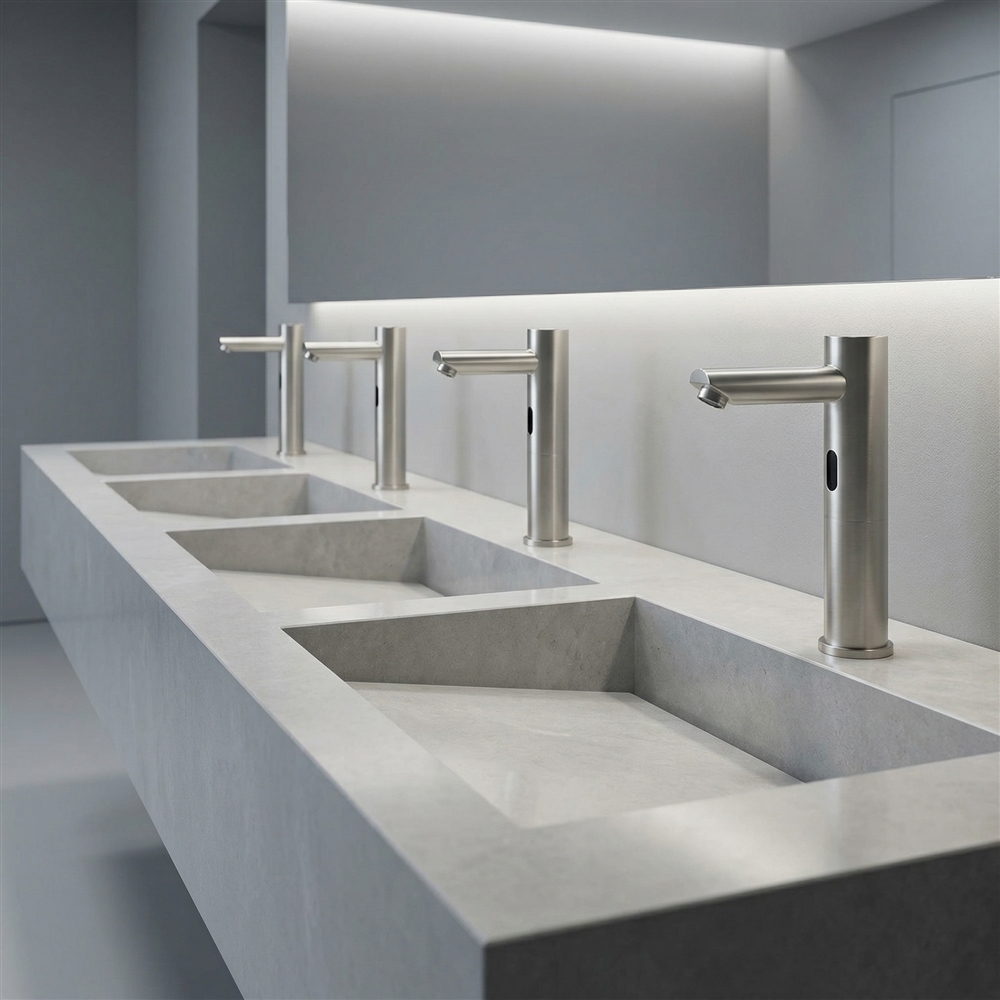 Brushed nickel tall square deck mount faucet used as an editorial reference for broad bathroom fixture research