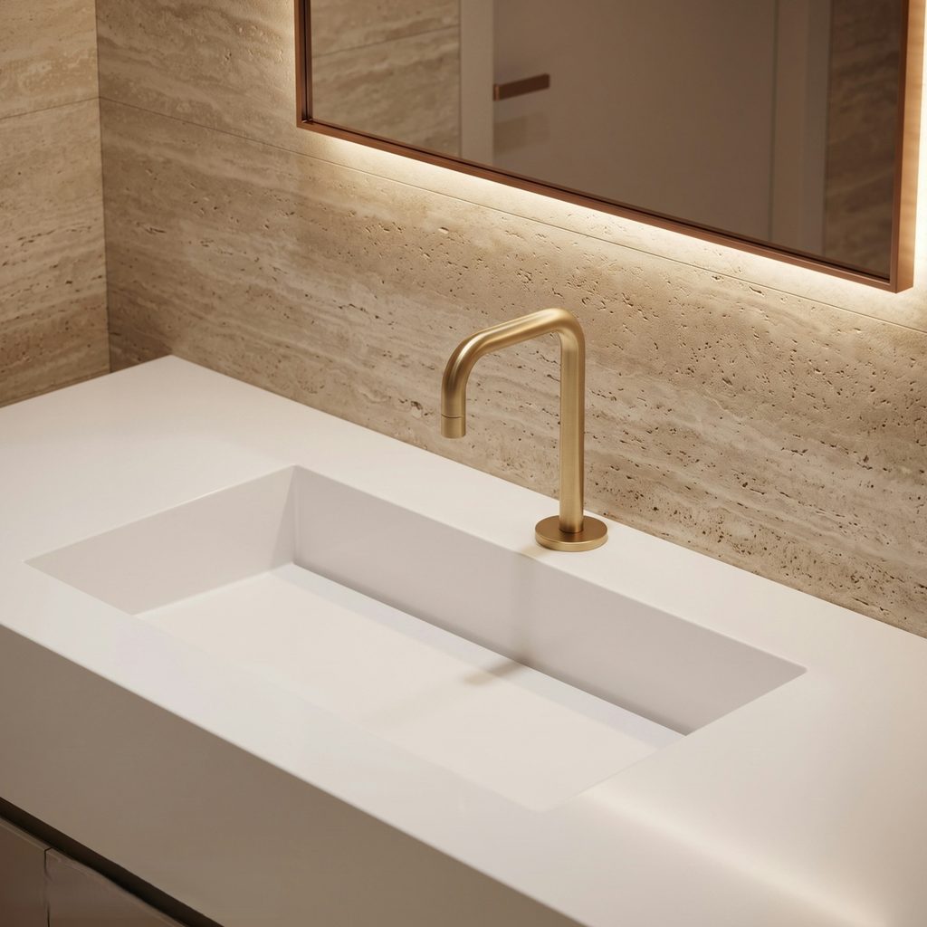 Champagne gold compact sensor faucet used as a commercial and accessible planning reference