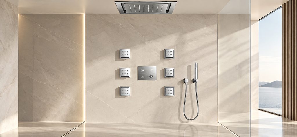 Chrome body jet spa shower used as a shower-system fixture reference