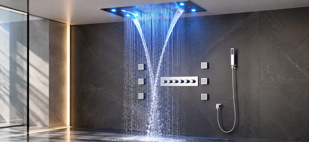Chrome ceiling waterfall rain shower system for luxury shower brand research