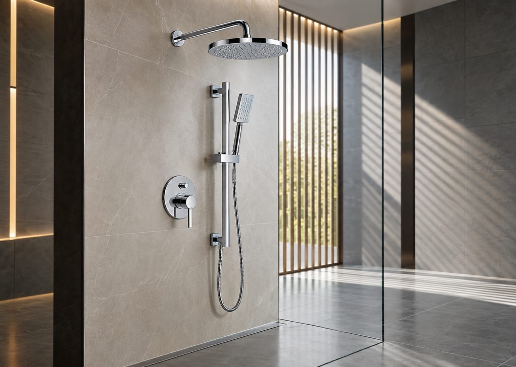 Chrome commercial rainfall shower system used as an owner and facility planning reference