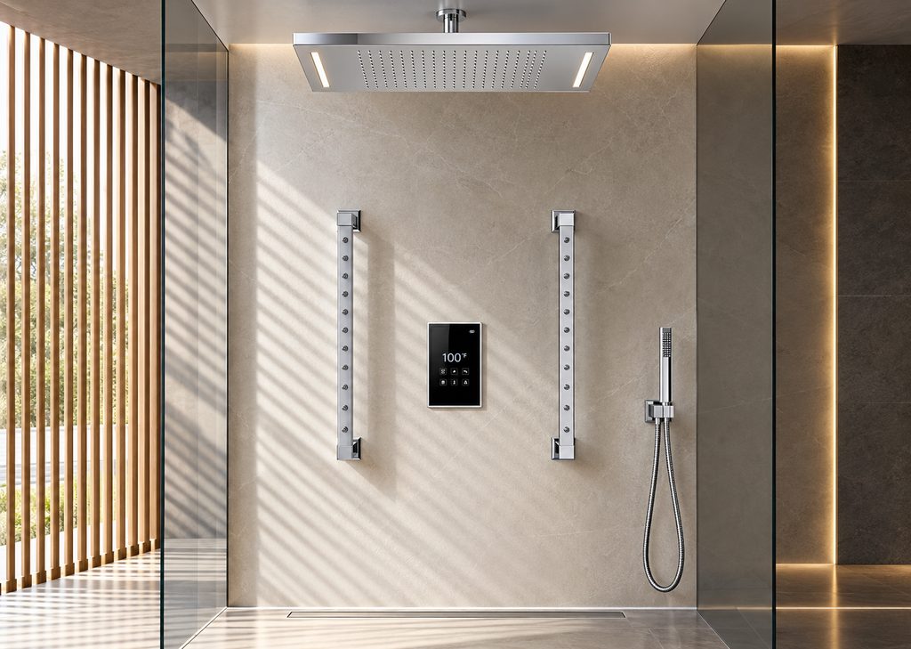 Chrome digital body jet shower system for luxury bathroom planning