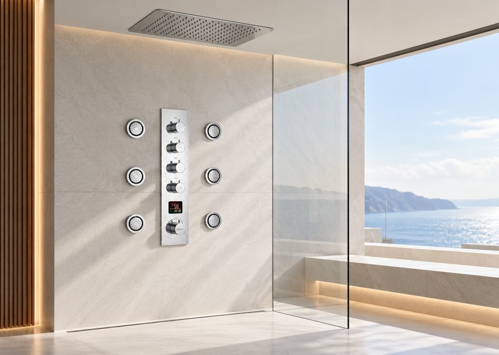 Chrome hospitality spa shower system used as an applications and hospitality coverage reference