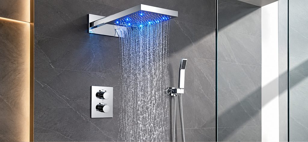 Chrome LED rain shower system for luxury shower brand comparison