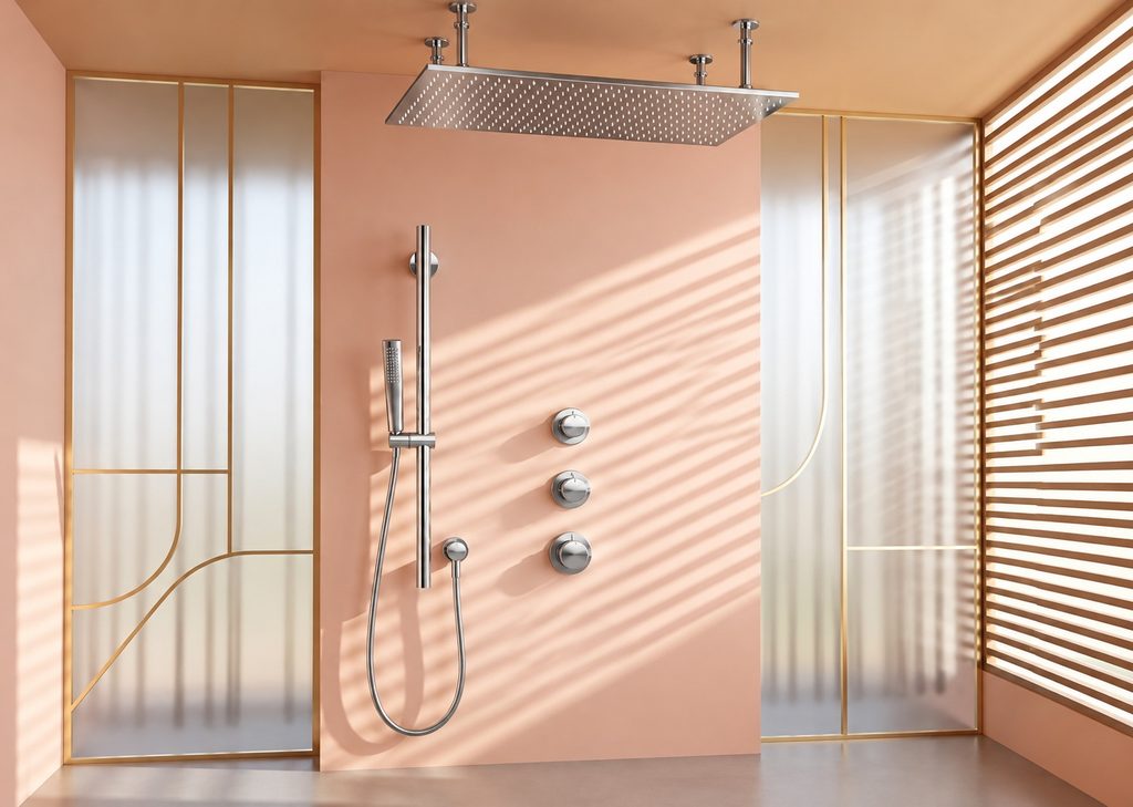 Chrome residential rainfall shower used as a homeowner and renovation research reference