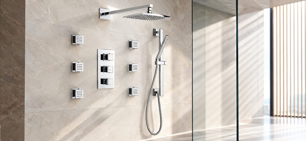 Chrome sliding bar body jet shower used as a shower system coordination reference
