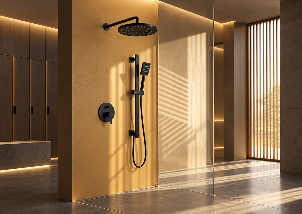 Commercial matte black rain shower used for installation and maintenance specification research