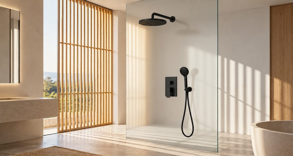 Controlled luxury thermostatic shower used as a shower planning and proportion reference