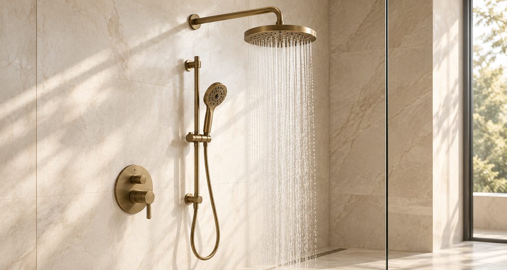 Antique brass rainfall shower system used as a modern and classic design reference
