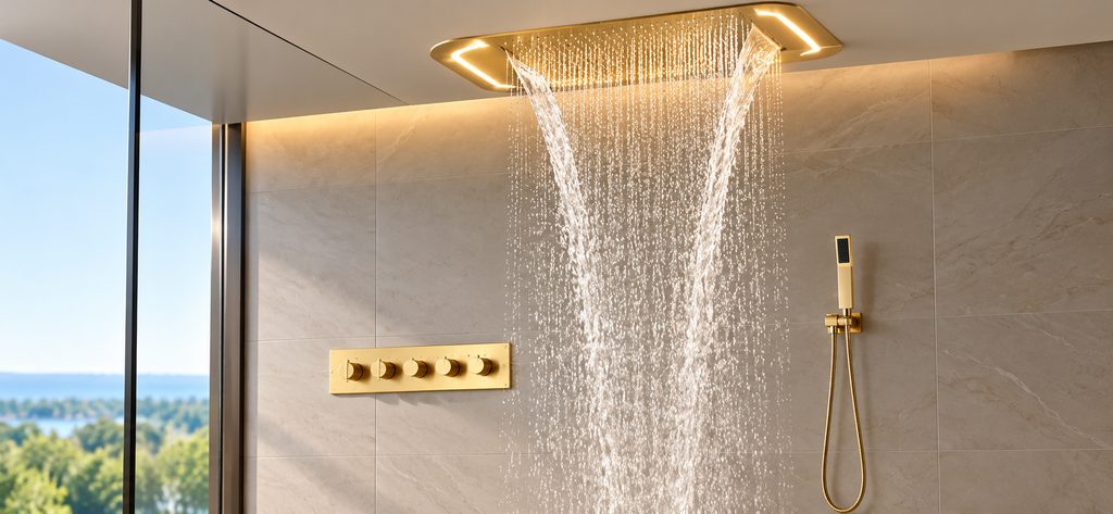 Gold rainfall waterfall LED shower used as an editorial reference for luxury shower brand research