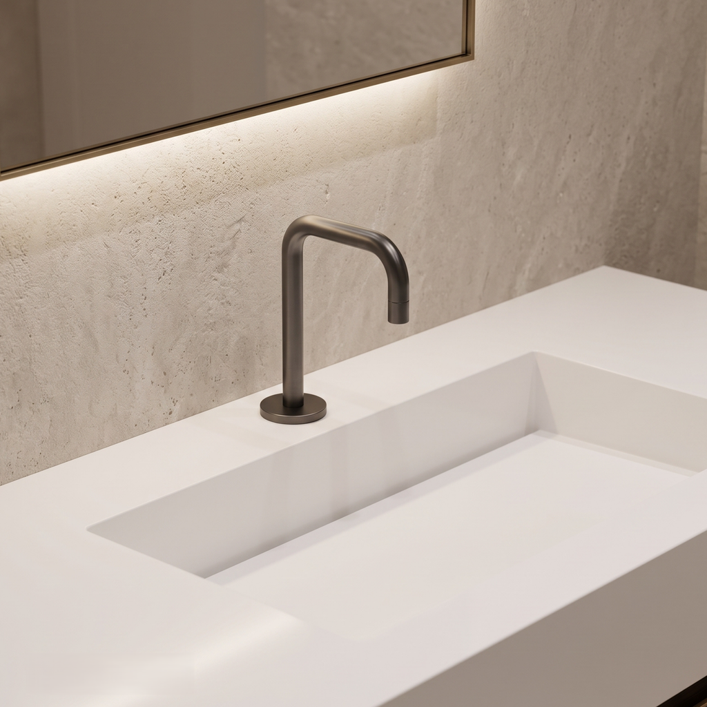 Gunmetal grey compact sensor faucet for commercial bathroom brand research