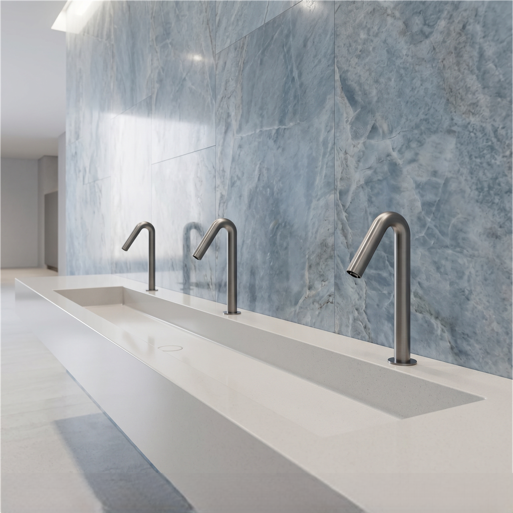 Gunmetal grey tall gooseneck commercial faucet used as a dark metallic finish reference