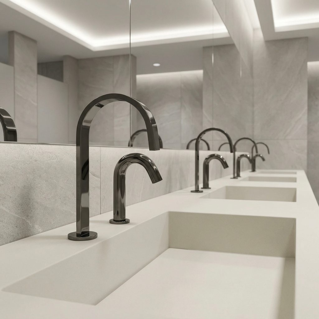Gunmetal high arc commercial restroom faucet used as a shared restroom application reference