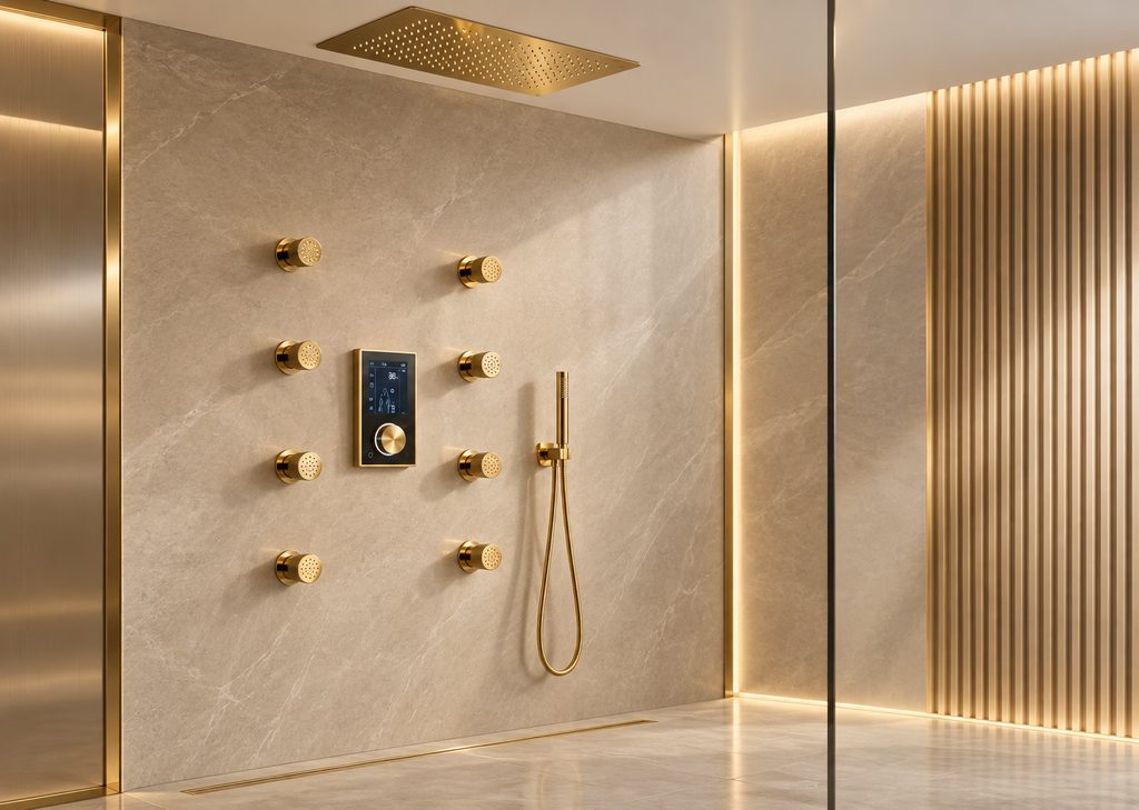 Gold digital hospitality rain shower used as a hotel and guest suite application reference