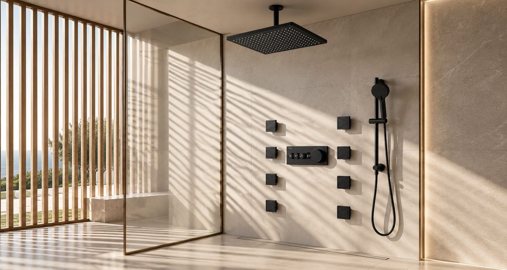 Large black rainfall shower system used as a project requirements review reference