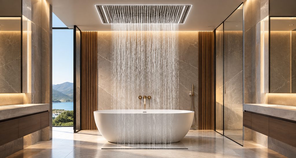 Luxury ceiling rainfall shower in a spa-style bathroom