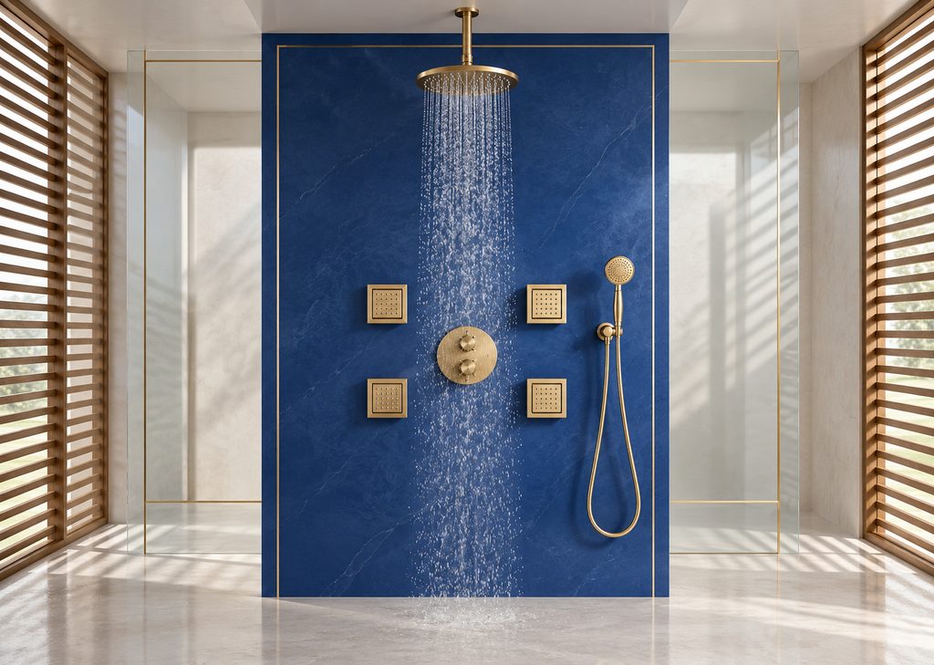 Luxury gold rainfall shower used as a shower and bathing coverage reference