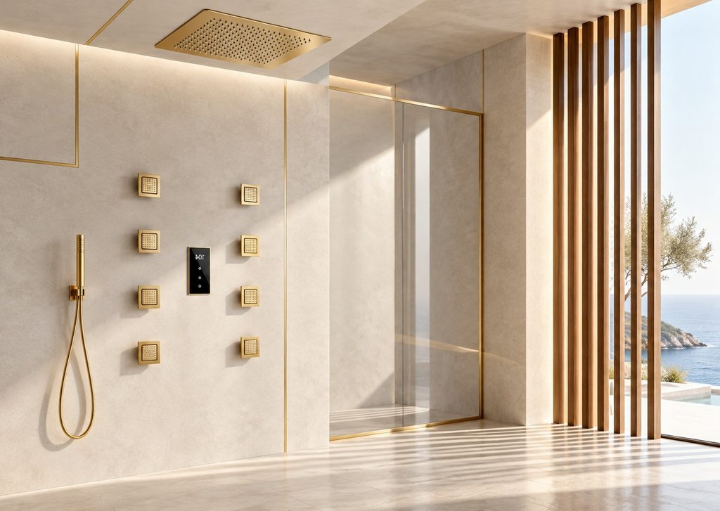 Luxury hospitality gold rain shower suite used as a wellness and bathing design reference
