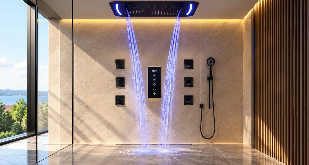 Luxury LED digital rain shower used as a bathroom design trend reference