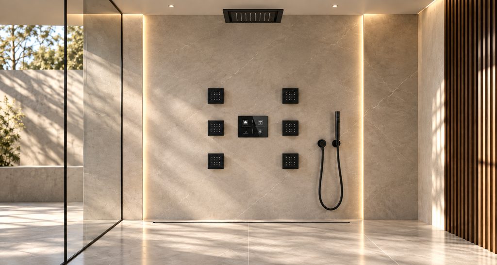 Luxury smart gold digital shower used as a current product information review reference