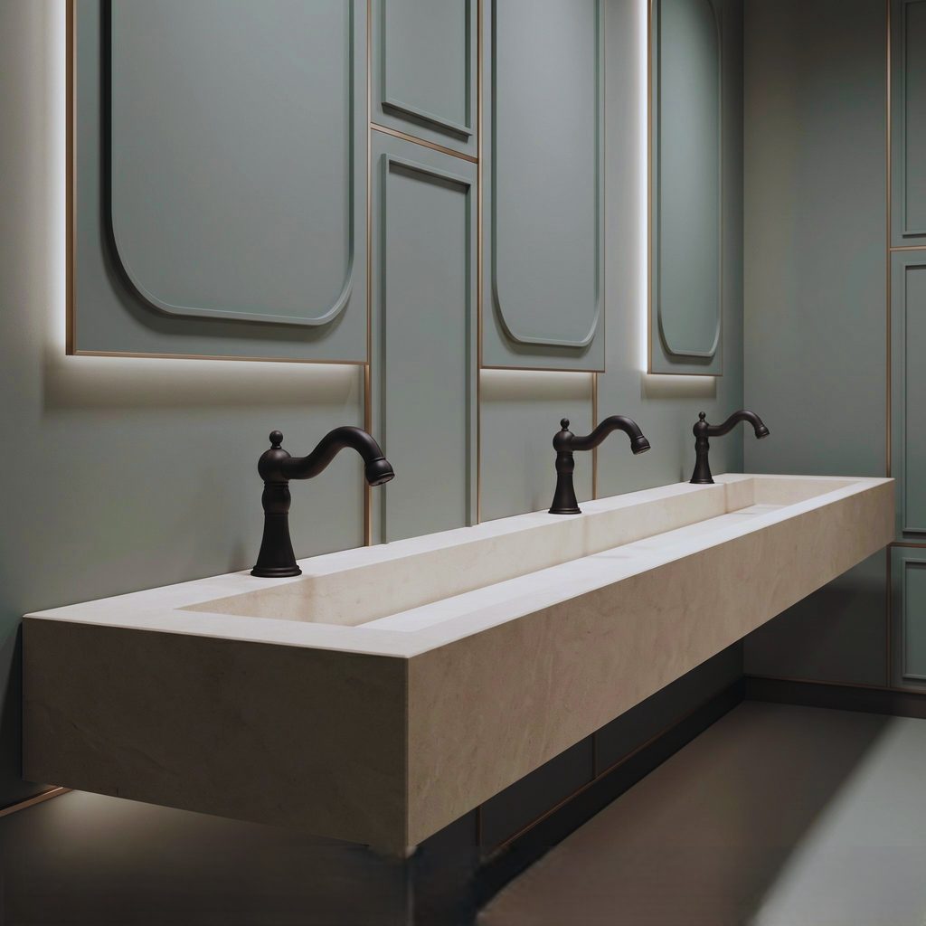 Matte black curved commercial basin faucet used as a dark contrast design reference