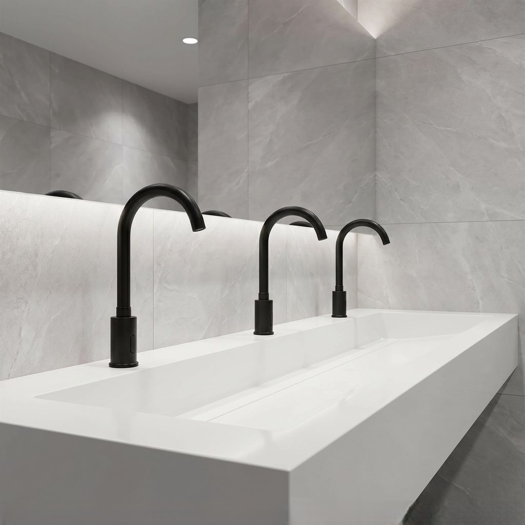 Matte black high arc commercial sensor faucet used as an editorial reference for faucet and shower brand research