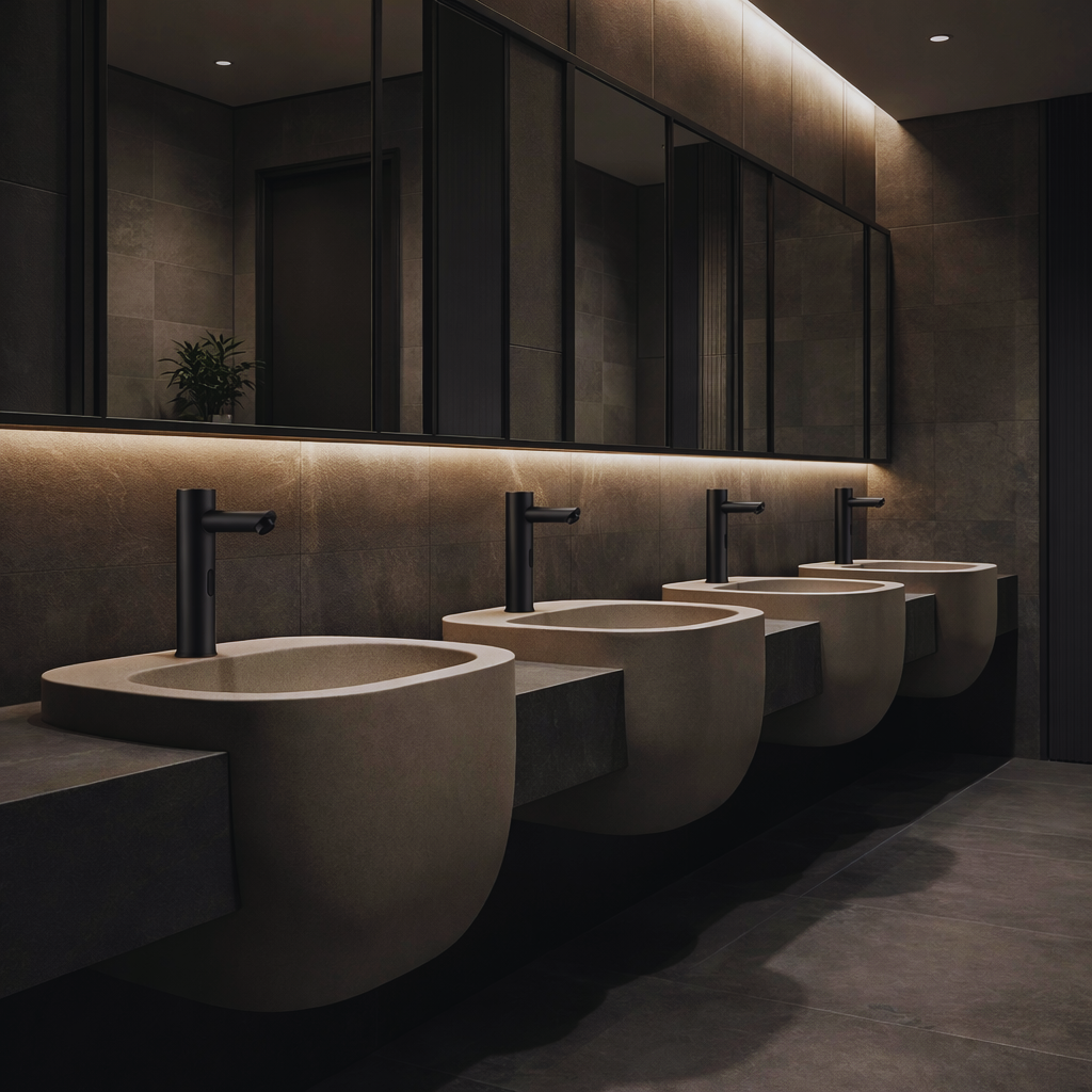 Matte black tall square commercial basin faucet used for dimensional specification research