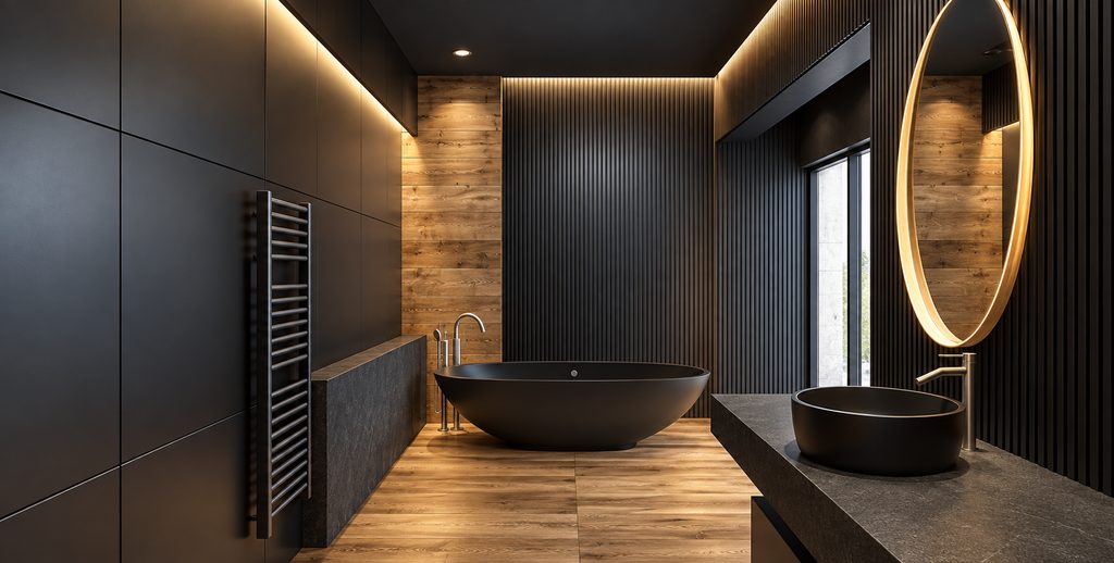 Moody luxury bathroom with freestanding tub used as a design context reference
