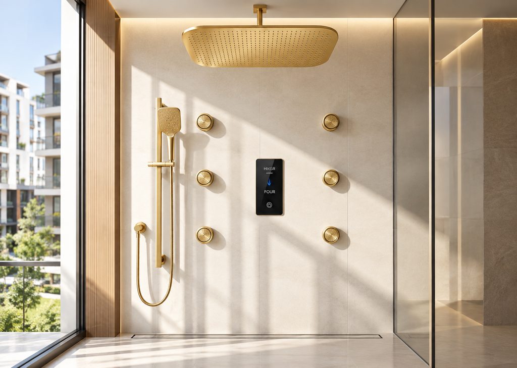 Multifamily gold digital rain shower used as a repeatable unit application reference