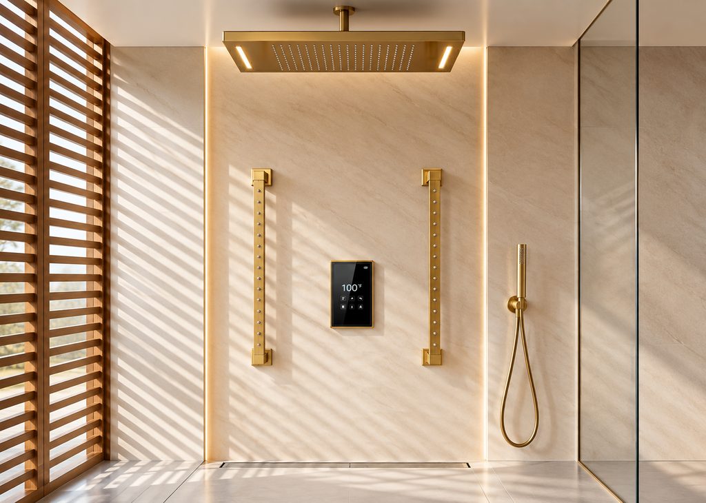 Multifamily gold smart rain shower used as a coordinated shower-system reference