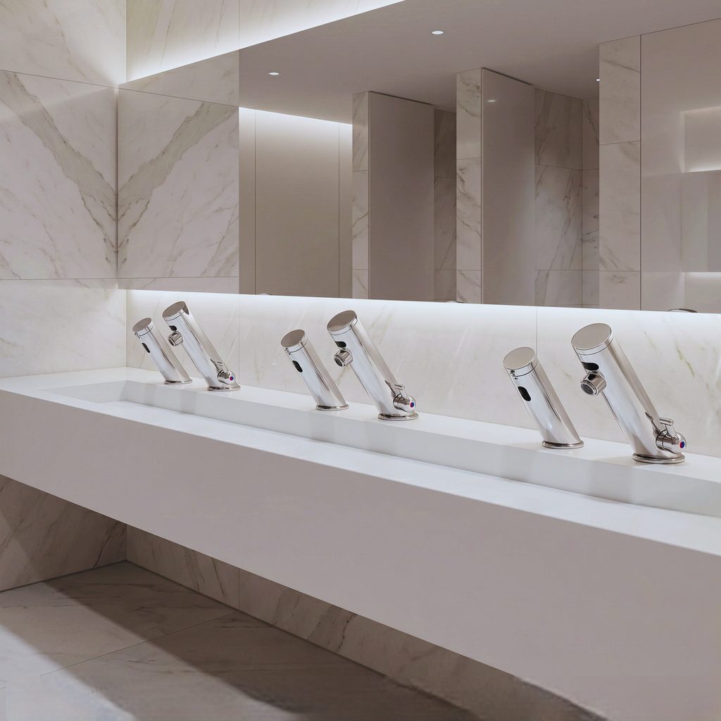 Polished chrome automatic sensor faucet for commercial restroom fixture planning