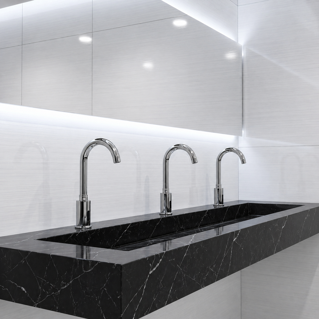 Polished chrome high arc commercial sensor faucet used as an editorial reference for faucet brand research
