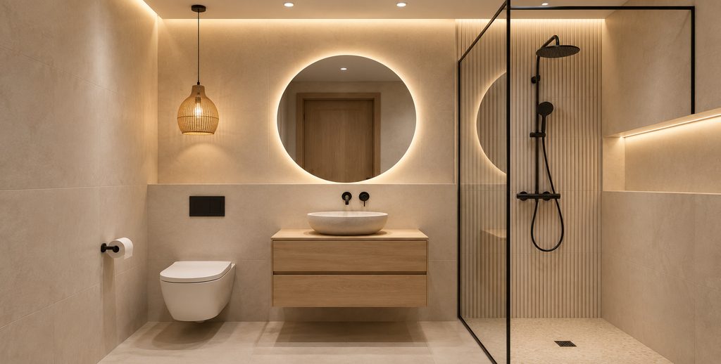 Modern minimalist bathroom with walk-in shower used as a residential and hospitality application reference