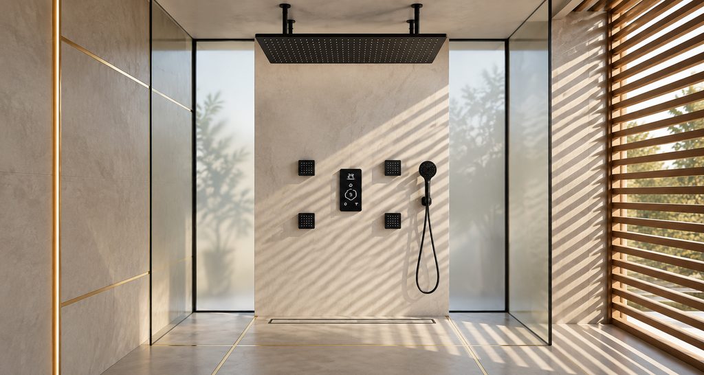 Smart black digital rain shower used as a dark modern bathroom design reference
