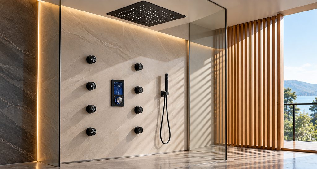 Smart digital body jet shower used as a technology-led bathroom design reference