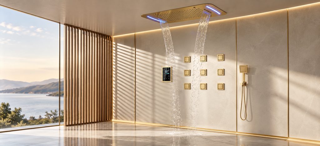 Smart gold waterfall digital shower system for luxury bathroom design trends