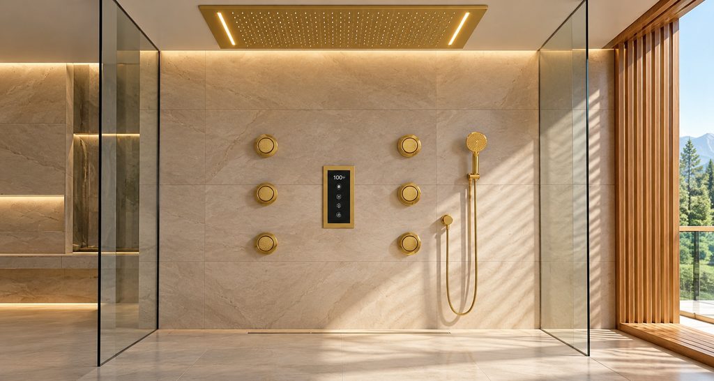 Gold spa wellness rain shower used as a spa and fitness application reference
