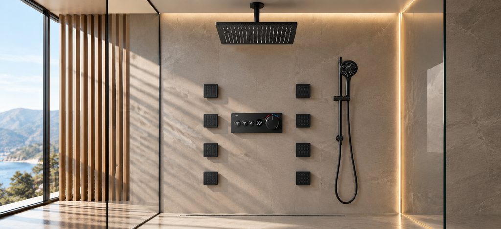 Thermostatic matte black rainfall shower system for modern bathroom design